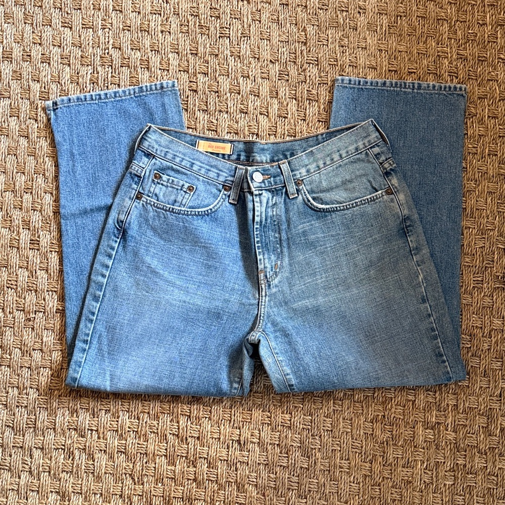 Red Engine Cropped High Waisted Classic Blue Denim Jeans